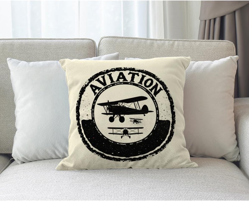 Moslion Airplane Throw Pillow Cover Stamp Design with Word Aviation and Airplane Pillow Case 18x18 Inch Cotton Linen Square Cushion Decorative Cover for Sofa Bedroom Black White - Image 3